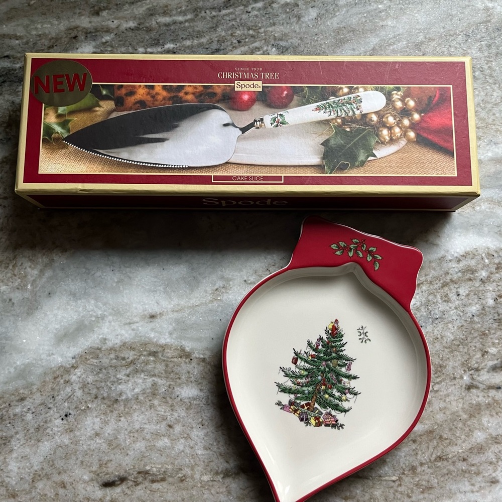 Spode christmas tree cake knife and candy/nut dish NEW